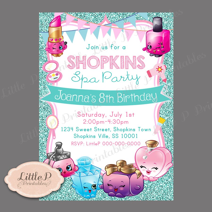 Shopkins Invitation Shopkins Spa Party Teal Glitter Sparkle Shopkins Invitation Shopkins Spa Party Teal Glitter Sparkle