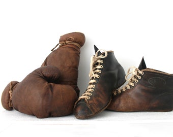 Fantastic French Vintage Boxing set with gloves and shoes. 1930.