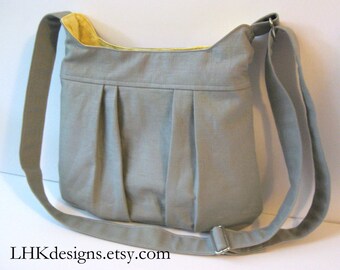 Gray linen pleated crossbody bag purse tote bag with yellow plaid lining