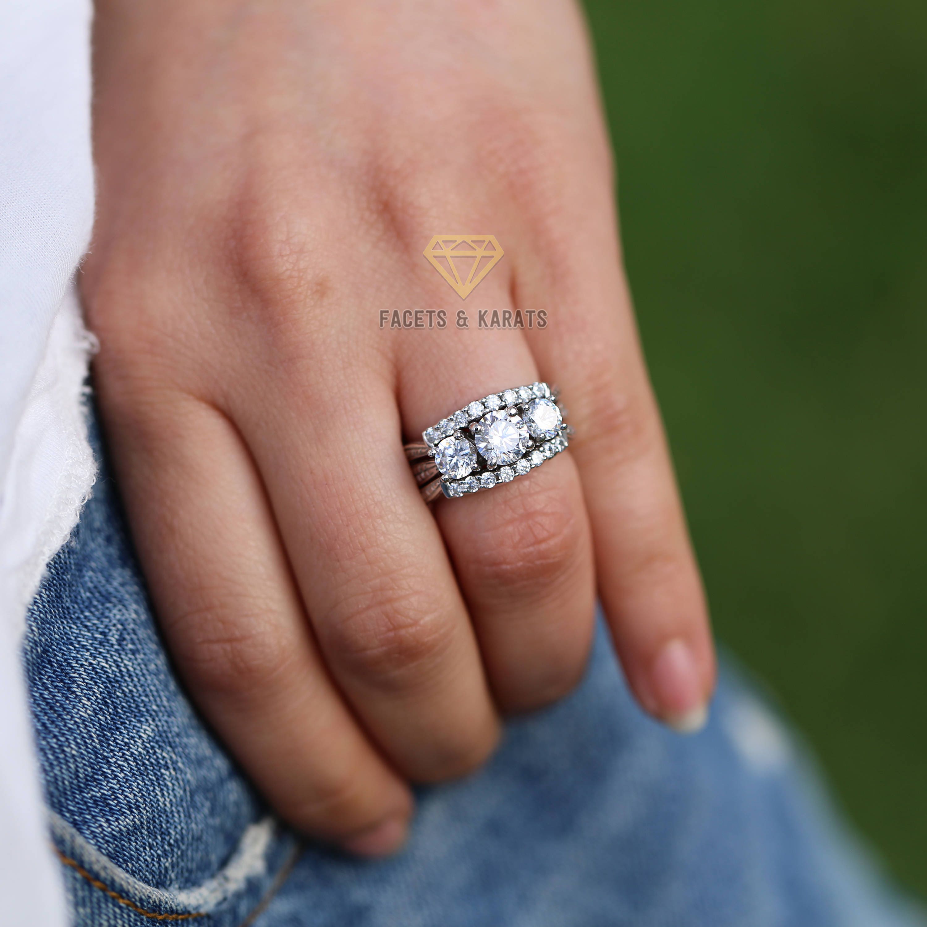 Unique Vintage Three Stone Engagement Ring Round Cut 2.5 Carat