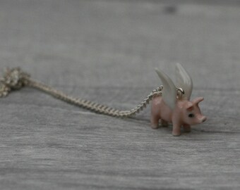 Porcelain Flying Pig Necklace, Pink Pig Necklace, Animal Necklace