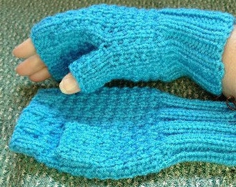 hand knitted blue fingerless gloves