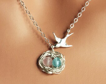 Two Egg, Gemstone, Bird Nest Necklace - Sterling Silver, Custom Birthstone Nest of 2 - Grandmother / Mommy - Personalized Mother's Day Gift