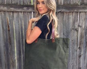 Waxed Canvas Tote Bag with Leather Handles- Navy Green- Free Shipping