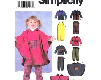 Toddler Sewing Pattern Girls Hooded Poncho Jacket Jumpsuit Pants Top Simplicity 5807 Trousers Cape Girls Size 1/2 1 2 3 4 UNCUT