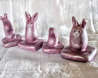 Set of 4, hand sculpted, rose bunny/rabbit/hare sculptures