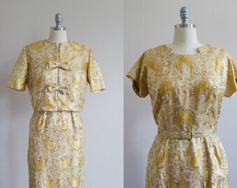 1950's Metallic Gold Wiggle Dress / Matching Jacket / Bolero M/L