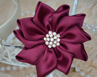 Burgundy Satin Ribbon Flowers, 3 1/2" Satin Fabric Flowers, Satin Flower, Satin Roses, Ribbon Flowers, Crystal Flowers, 30 Colors
