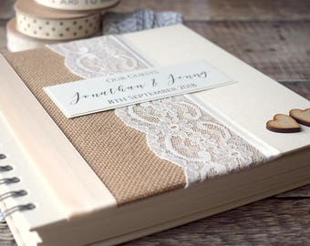 Burlap & Lace Rustic Wedding Guest Book with Wooden Hearts. Hessian Handmade, Personalised Wedding Guestbook.