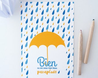 Postcard illustrated with an umbrella and rain drops