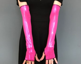 TRIXY XCHANGE - Pink Latex Gloves Vinyl Arm Covers Metallic Arm Warmers Shiny Dominatrix Costume PVC Fingerless Gloves Comic Con Costume