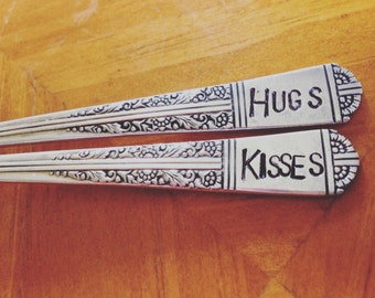 Wedding Forks, Hugs Kisses XOXO, Hand Stamped