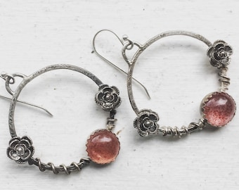 Flower Hoop Earrings, Strawberry Quartz Earrings, Gypsy Earrings, Pink Earrings, Flower and Vine Jewelry, Boho Earrings, Elegant Earrings
