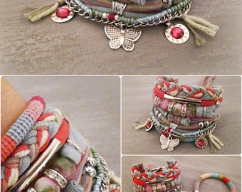 Pink Green Spring Bohemian Bracelet, Gypsy Bracelet Boho Style Jewelry Set, Persian Jade Statement Cuff Bracelet Butterfly Charm