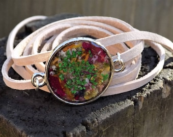 Wrap Bracelet, Real flowers, Suede bracelet, Leather Jewelry, Women accessories, boho, bohemain, hippie, hippie style, nature, terrarium