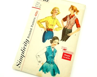 Vintage 1950s Womans Size 16 Weskit and Blouse Simplicity Sewing Pattern 2240 Complete / bust 36 waist 28