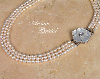 White freshwater pearl necklace with Mother-of-Pearl flower clasp, wedding, bridal, "Garden Romance" necklace
