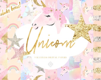 Unicorn Digital Paper - Rainbow Digital Paper Patterns - Clipart Unicorn Seamless Pattern Pastel Papers DIY Party Invite Background Planner