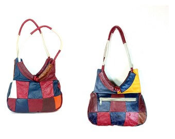 Patchwork Leather Hobo Bag, 80s Colorful Shoulder Bag, Leather Red Orange Brown Navy Gray Shoulder Bag Satchel