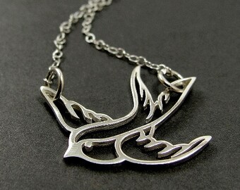 Swallow Necklace, Sterling Silver Swallow Charm on a Silver Cable Chain