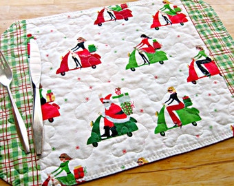 Christmas Placemats, Quilted Placemats, Santa Placemats, Vespa Decor, Retro Decor, Scooter Decor, Vespa Fabric, Retro Placemats