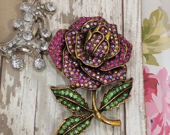 pink ROSE Rhinestone Brooch Pin
