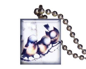 Vintage Bluebirds On Branch Winter - Reclaimed Scrabble Tile Pendant Necklace