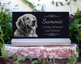 Pet Memorial Stone Pet Grave Marker Pet Tombstone Headstone w/ Optional *Base Stand* Granite Headstone Customized with YOUR Pets Photo