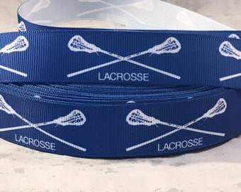 Lacrosse Ribbon- 7/8 inch Grosgrain Ribbon is Blue with White Lacrosse design - Sports Ribbon- Lacrosse - LAX Craft Supply