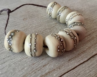 Glass Lampwork Bead set of 8 Etched Ivory with Fine Silver Accents