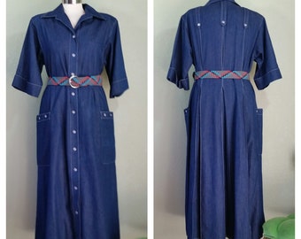 Vintage 80's Willi of California Denim Fit and Flair Shirt Dress, Western Style, Rockabilly Dress, Size XL