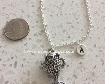 Koi fish initial necklace, fish jewelry, goldfish necklace, koi necklace, Asian fish jewelry, silver koi fish necklace