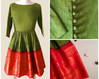 Green and Orange Fit & Flare Madurai Saree Dress