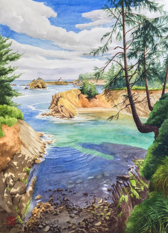 Oregon Coast Art Print Coos Bay Oregon watercolor art Cape