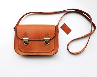 Tan leather crossbody bag, Small brown messenger bag, Cross body shoulder purse