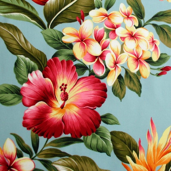 Fabric, Hawaiian Flower Luau, Pale Teal, Tropical Floral Hibiscus ...