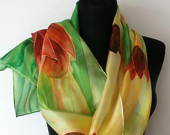 Hand painted silk scarf. Silk scarf. Spring tulips. Red and orange tulips. Yellow, green. Painted art scarf.
