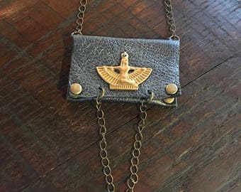 Leather Gift For Her-Women's Accessories-Pouch Necklace-Metallic Grey Leather-Egyptian Godess Isis- Hipster Bohemian Jewelry-Modern Tribal