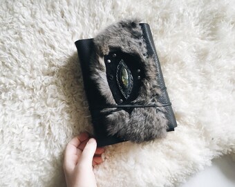 Watercolor Leather Journal with Fur and Labradorite, Gift for Him or Her, Birthday Gift, OOAK Journal, Art Book, Wedding Gift, Black Book