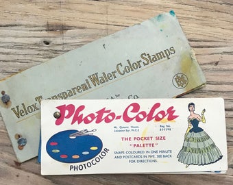 Velox Transparent Water Color Stamps, manufactured by Eastman Kodak Co. Rochester and a Photo-Color Palette book for colouring negatives