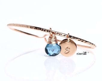 Genuine London Blue Topaz Charm Bangle / November Birthstone Bracelet / Blue Topaz Bracelet / December Birthstone Jewelry Gift