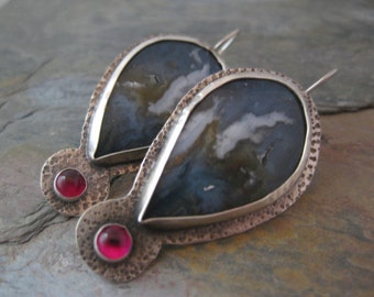 North Ridge Plume Agate with Nevada Black Jade Doublet Sterling Silver Earrings Large Statement