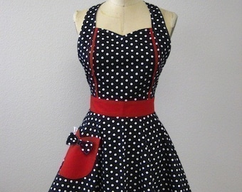 Polka Dot Retro Apron Black White and Red MAGGIE
