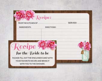 Printable Recipe Cards, Rustic Bridal Shower, Mason Jar Recipe Card, Bridal Shower Activity, Pink Flowers, Wood Floral, Download 4x6 5x7