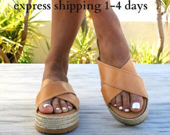 APHRODITE sandals/ Greek leather sandals/ espadrille platform sandals/ ancient grecian sandals/ leather slide sandals/ natural beige sandals