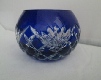Bohemian AJKA Cobalt Blue Cut to Clear CAROLINE Crystal Rose Bowl Vase Petite 2.75" Tall
