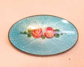 Vintage Enamel Guilloche Sterling Silver Pin / Brooch