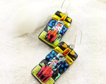 Fused glass jewelry, dichroic glass earrings, fused glass art, dichroic glass, earrings handmade, unusual earrings, trending now, artistic