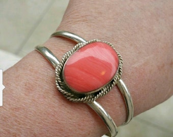 Rhodochrosite sterling silver Mexico cuff bracelet