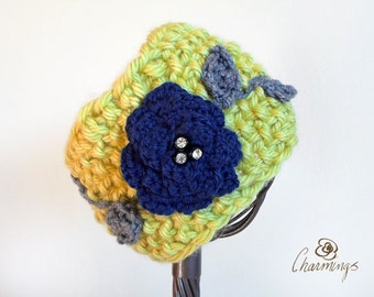 Seahawks Sounders Rose and Rhinestones Knit/Crochet Headband, Ear Warmer, Ear Cozy, Ear Gator, Football, Team Color, Sport Fan Apparel, NFL